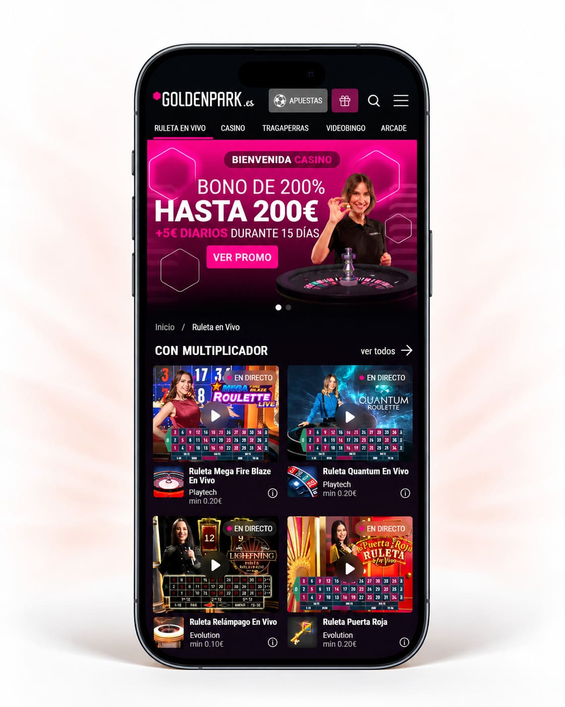 Bono diario de 5€ durante 15 días por iniciar sesión en GoldenPark casino