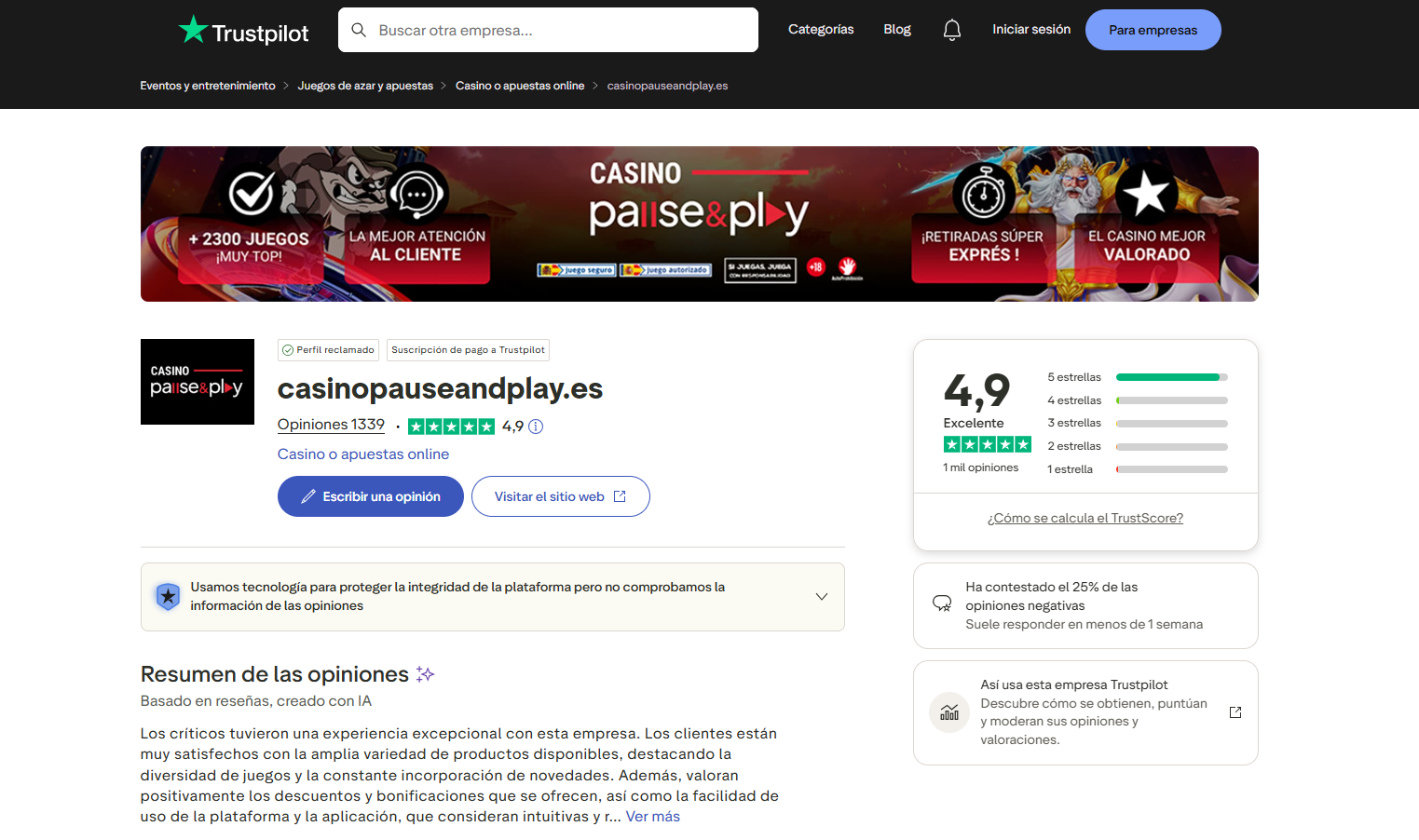 Valoración de Trustpilot de Casino Pause and Play