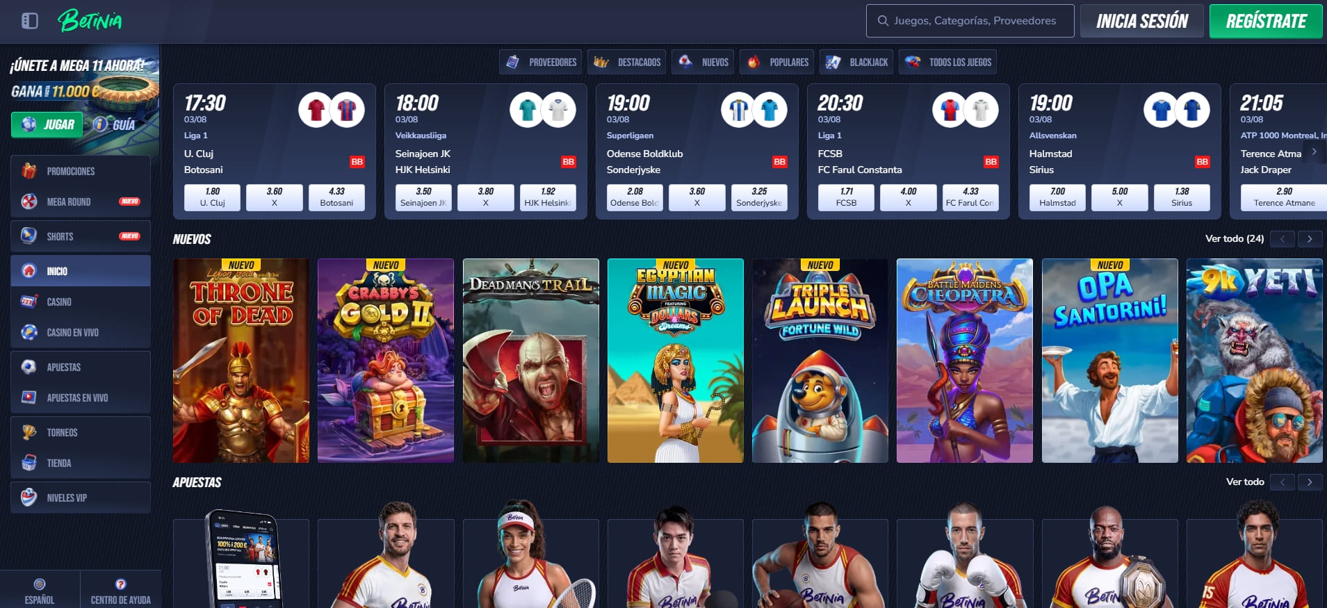 Portada de apuestas deportivas de Betinia con cuotas mejoradas