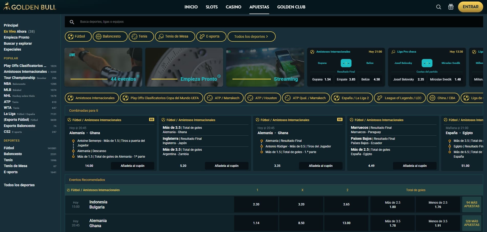 apuestas en vivo en golden bull españa