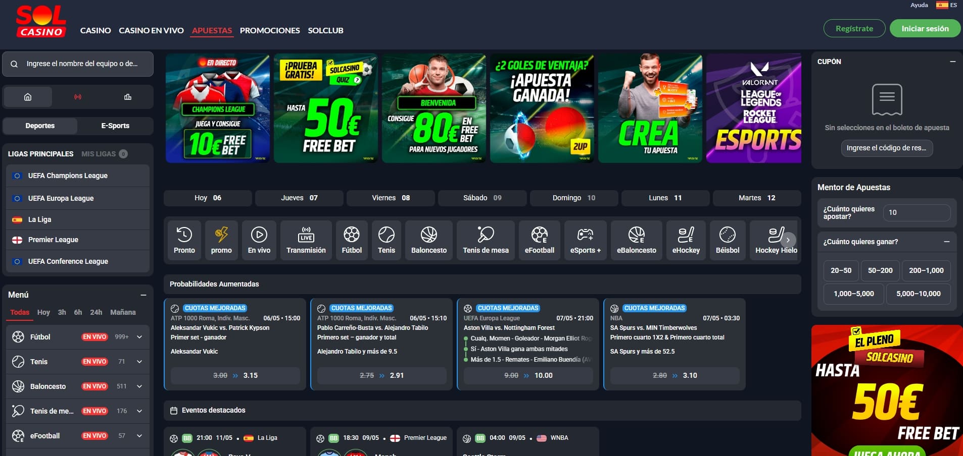hasta 80€ de freebet de bienvenida en solcasino