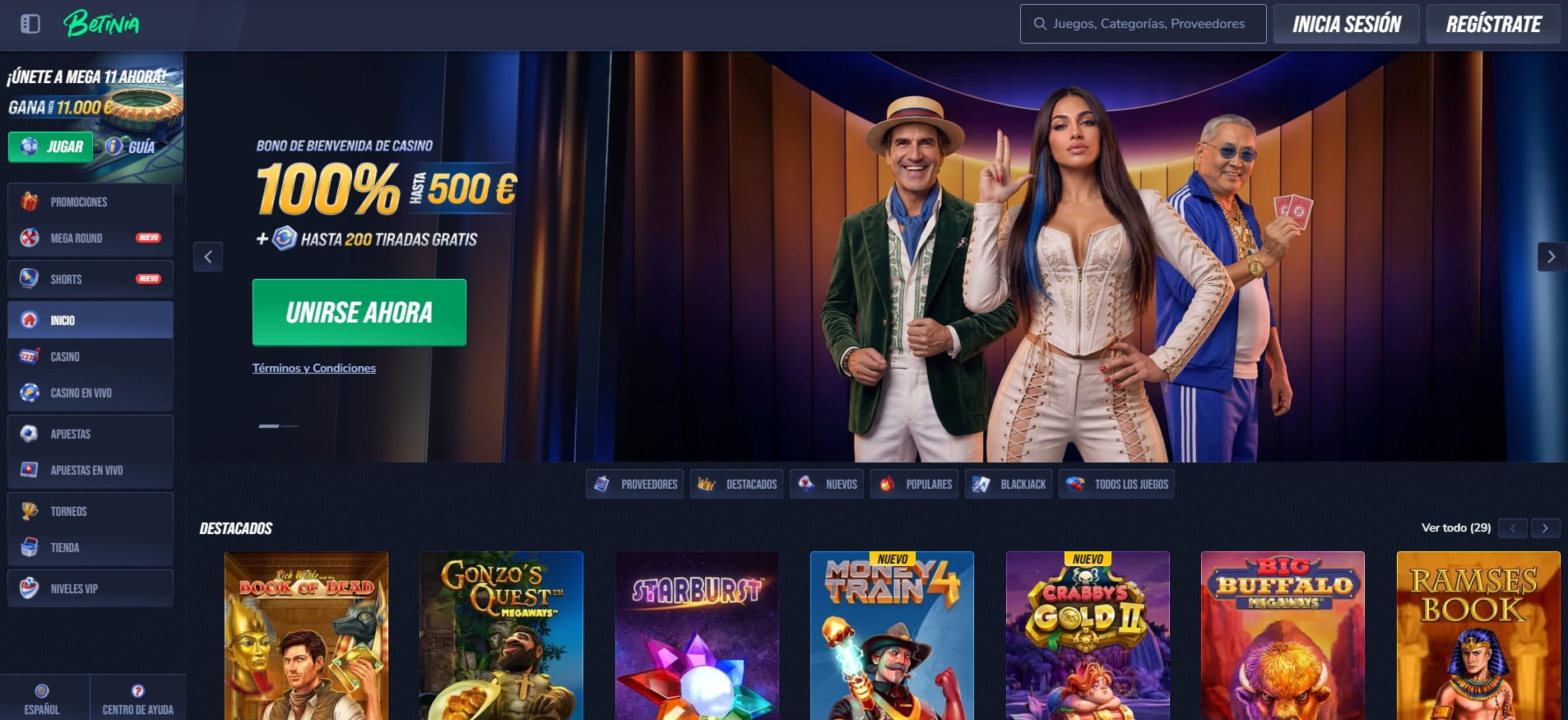 Catálogo de slots de Betinia con más de 2.000 tragaperras