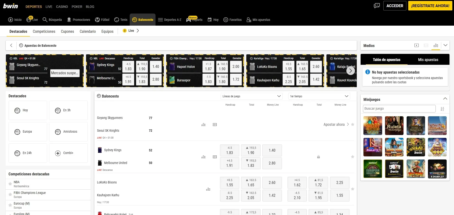 Oferta de apuestas en Bwin España