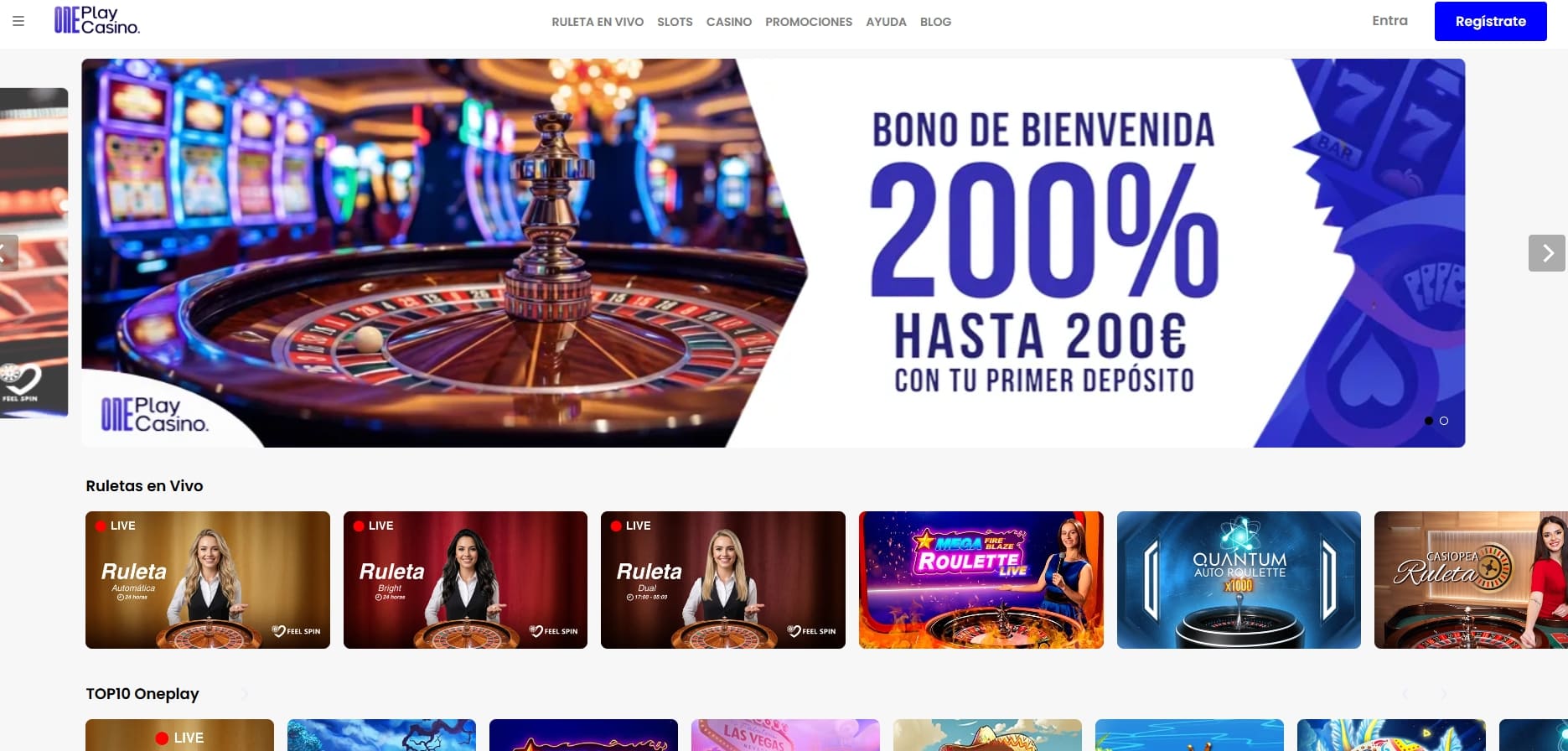 Portada de OnePlay Casino con ruleta en vivo y tragaperras