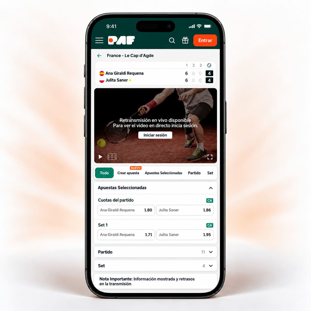 1. PAF tenis en directo en móvil con apuestas y streaming