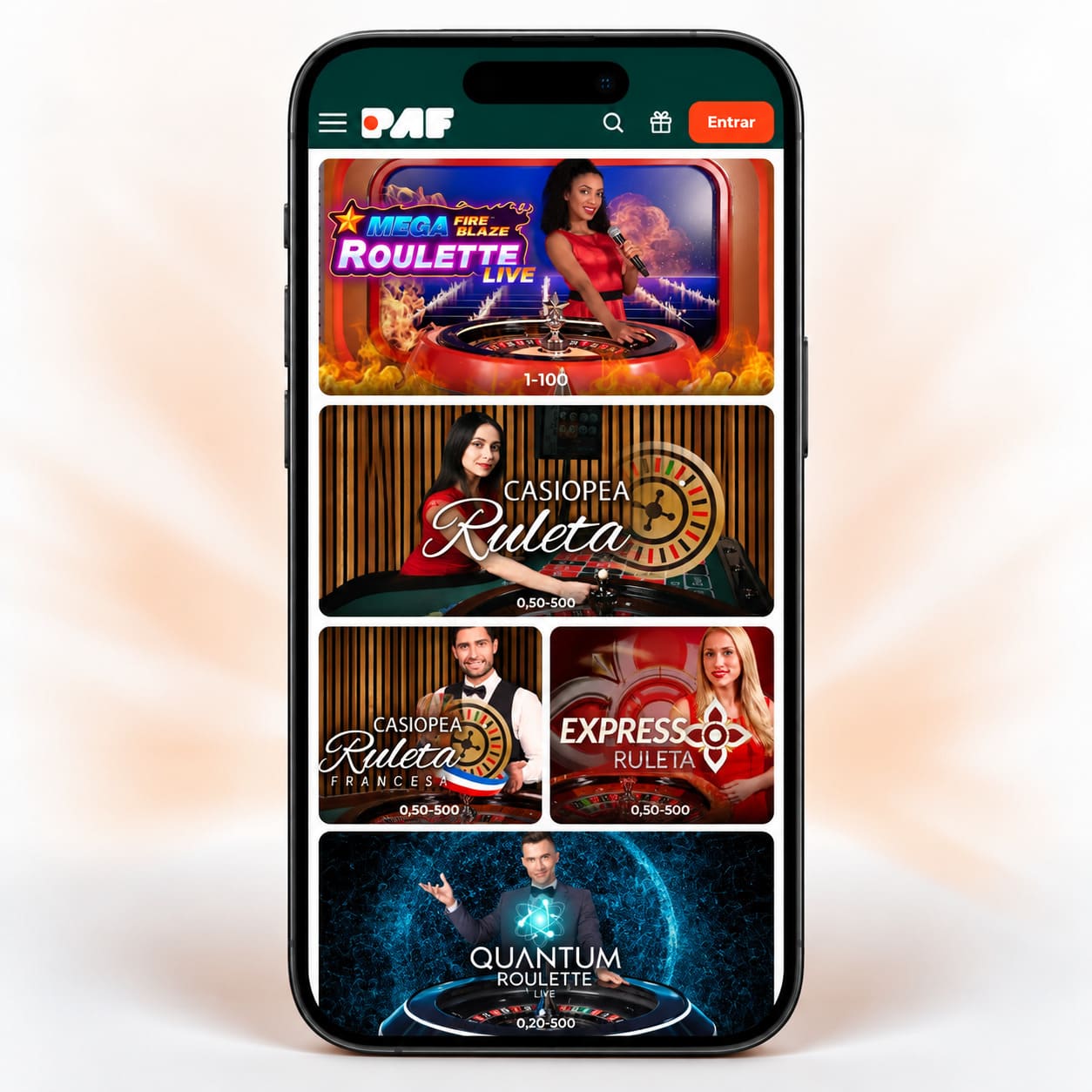 PAF ruleta en vivo desde móvil con casino online