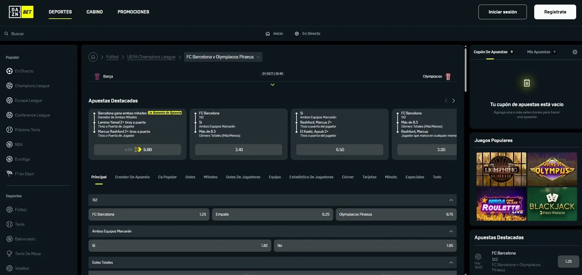 Pantalla de DAZN Bet mostrando apuestas en vivo de fútbol y baloncesto