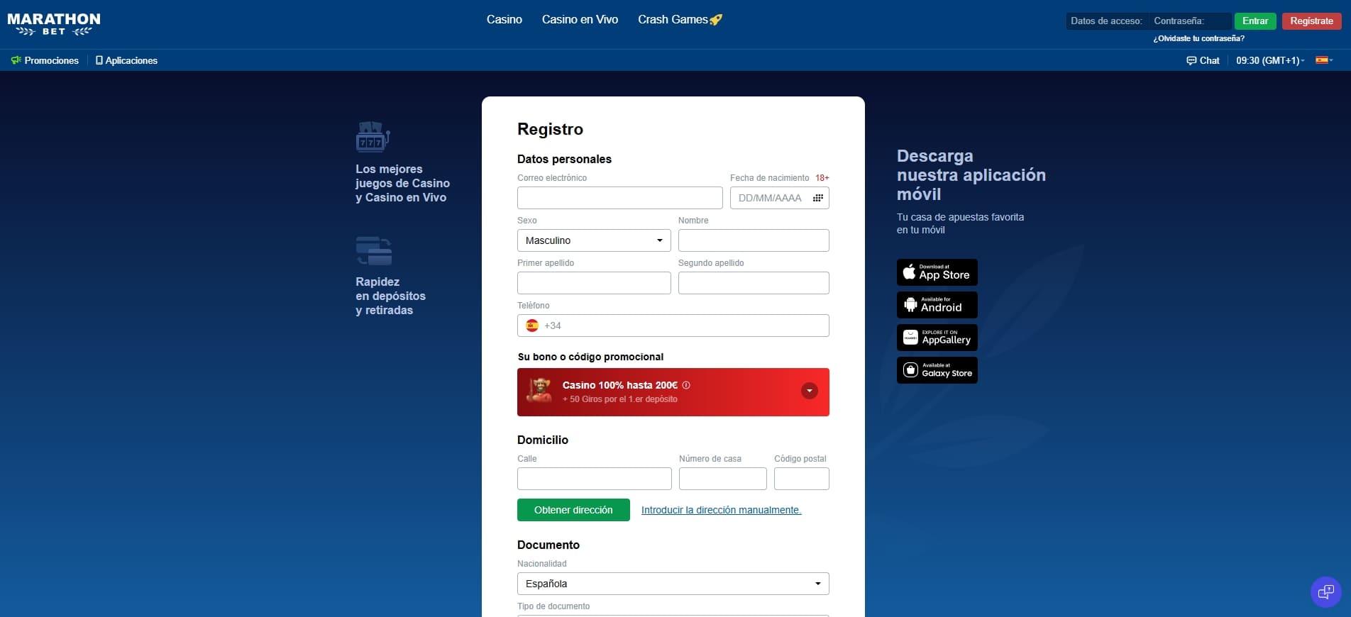 Schermata di registrazione Marathonbet casino con form da compilare
