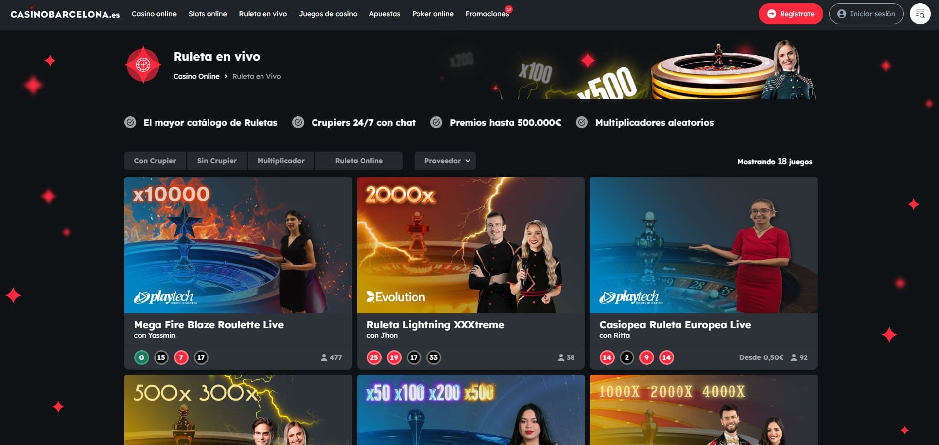 Mesas de ruleta en vivo de Casino Barcelona con crupier real desde 0,10€