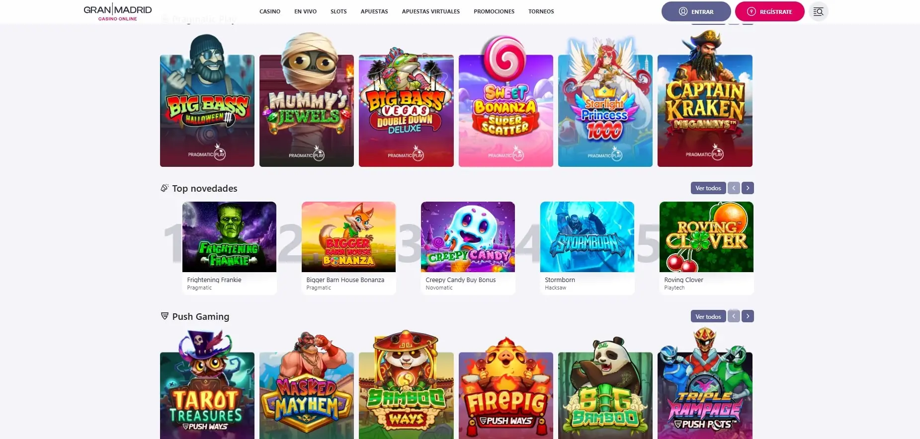 Interfaz de Gran Casino Madrid Online mostrando juegos y bonos