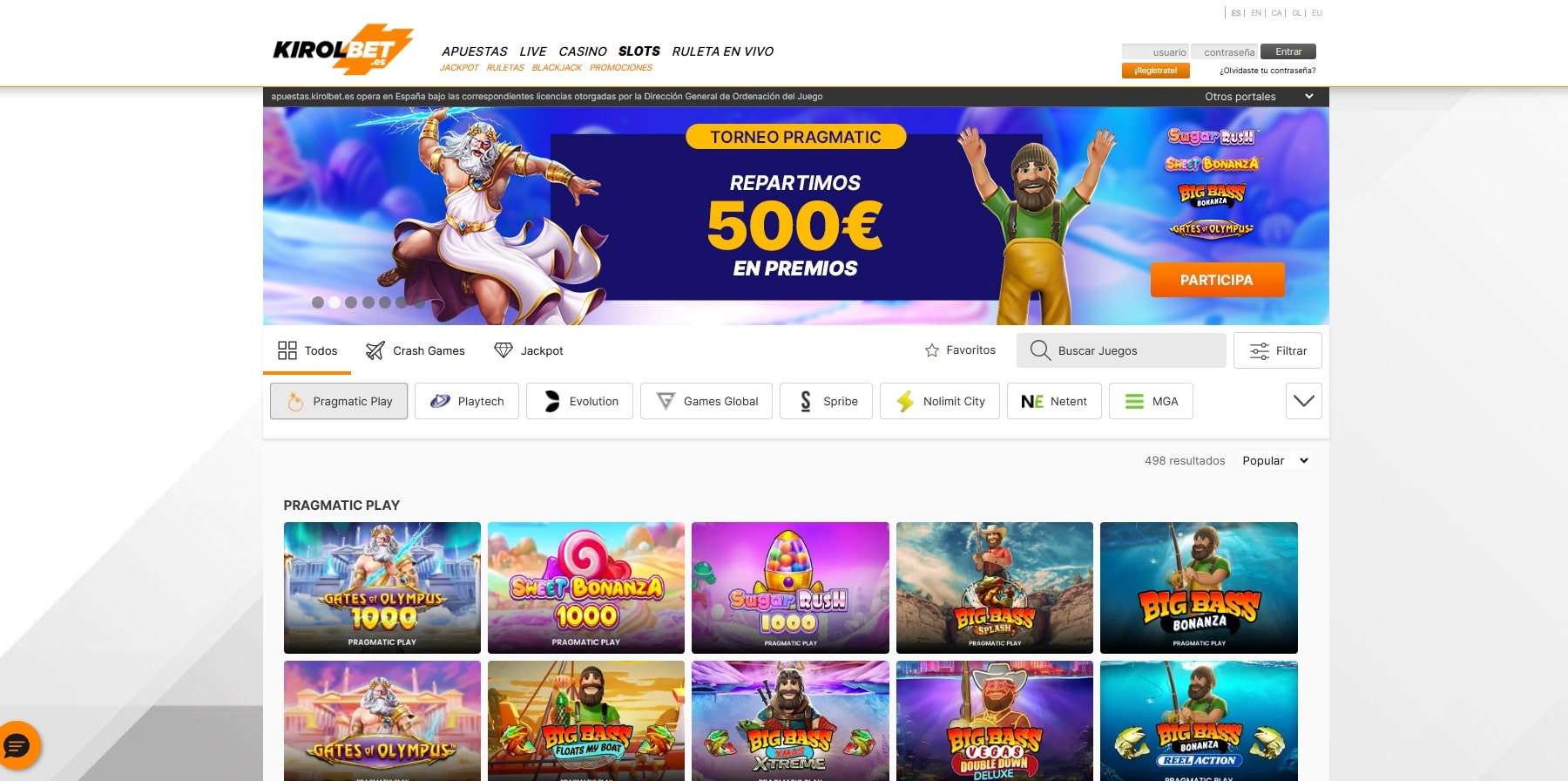Catálogo de slots en Kirolbet
