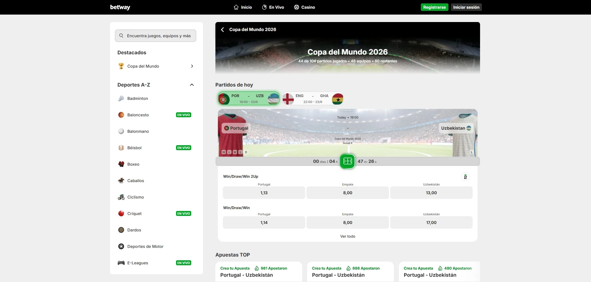 apuestas en vivo con streaming en betway