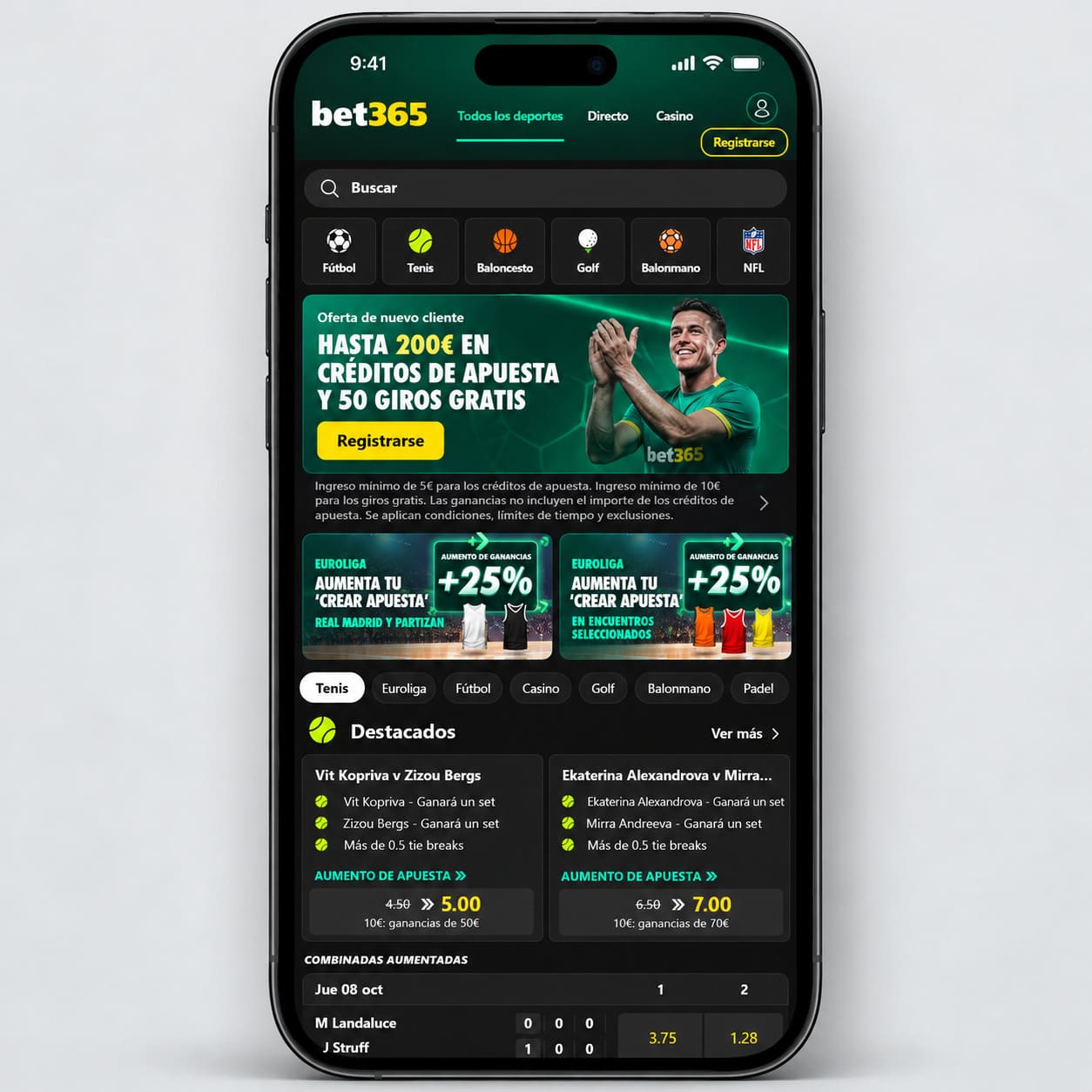 Apuestas de fútbol en directo en la app de bet365 para iPhone