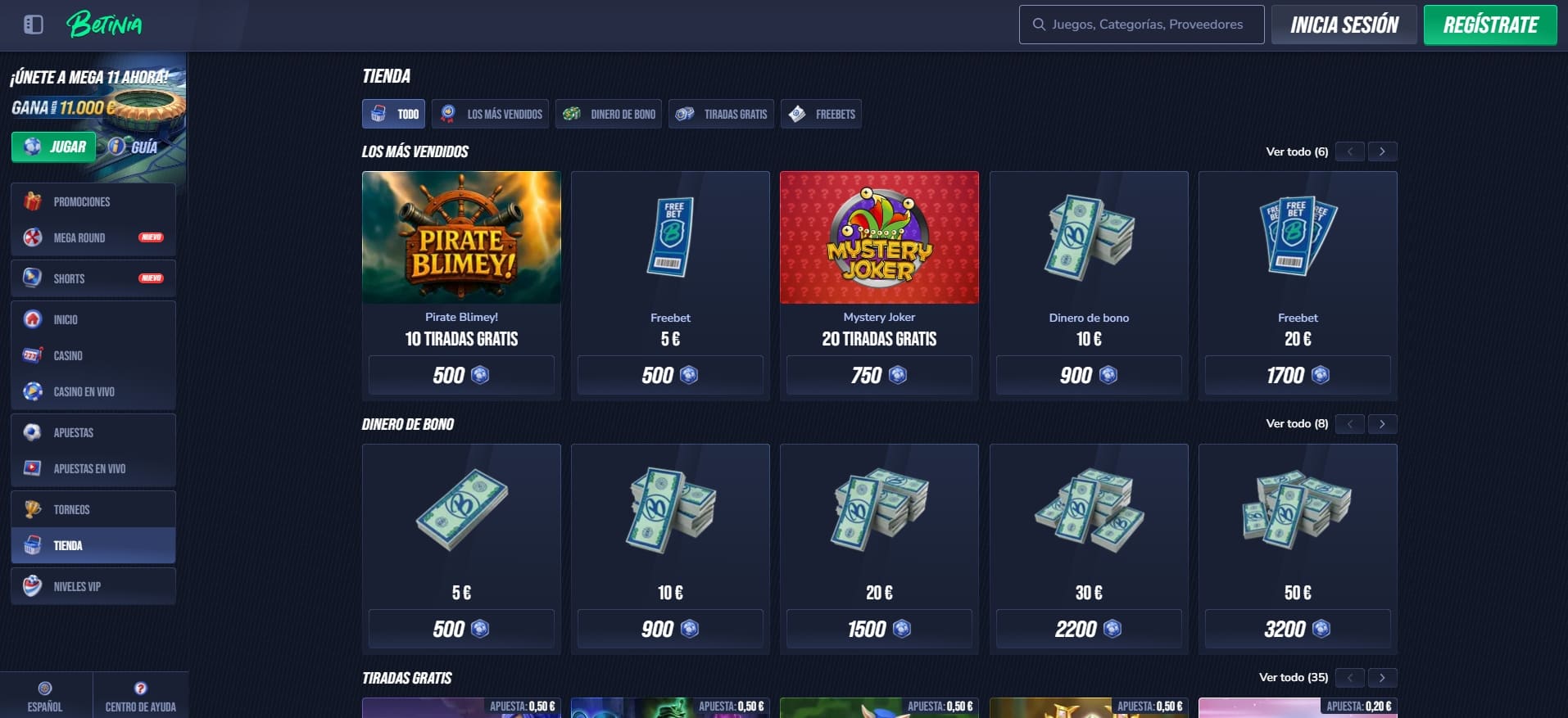 Promociones de casino de Betinia con bono de 500€ y giros gratis