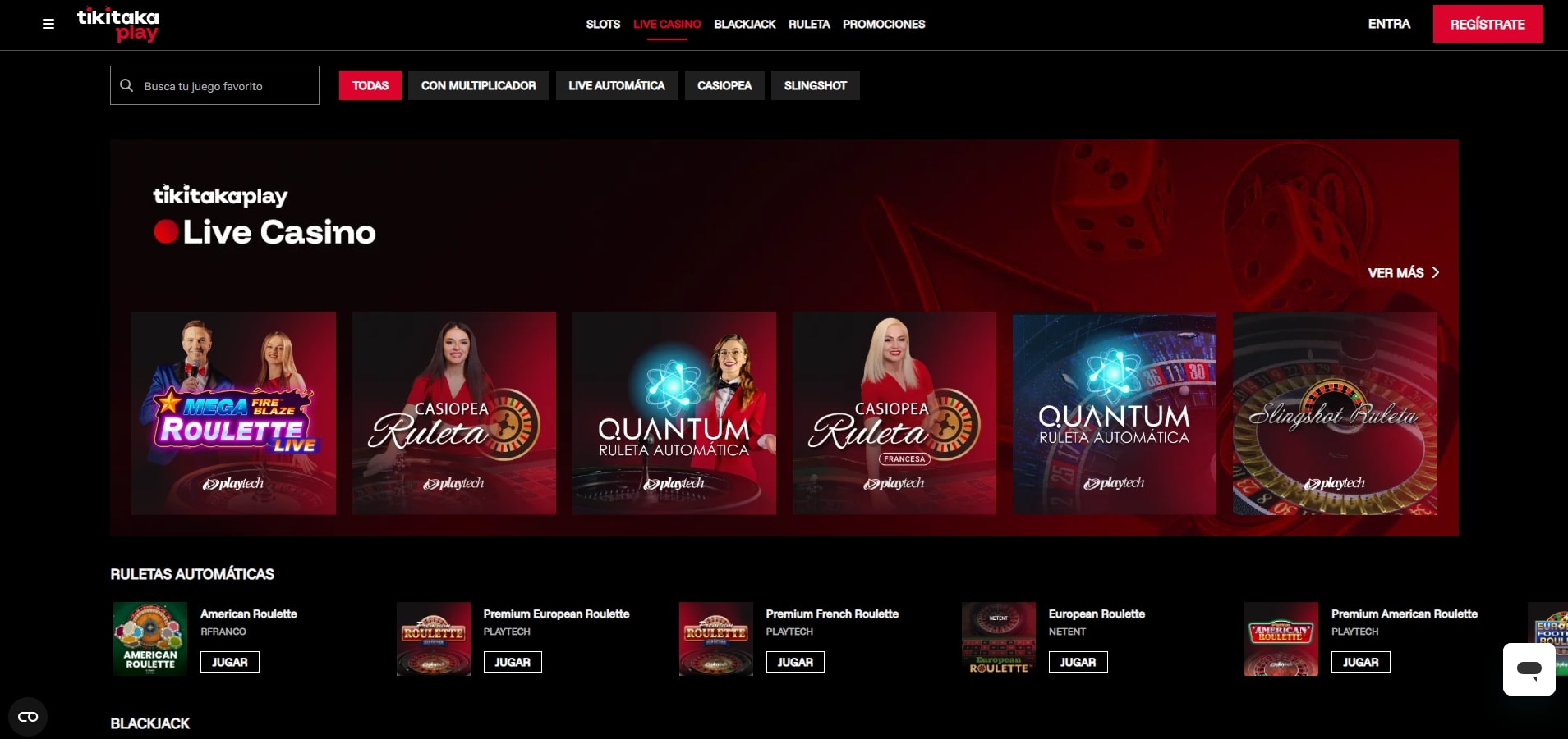 Tiki Taka Casino games interface showing roulette and blackjack