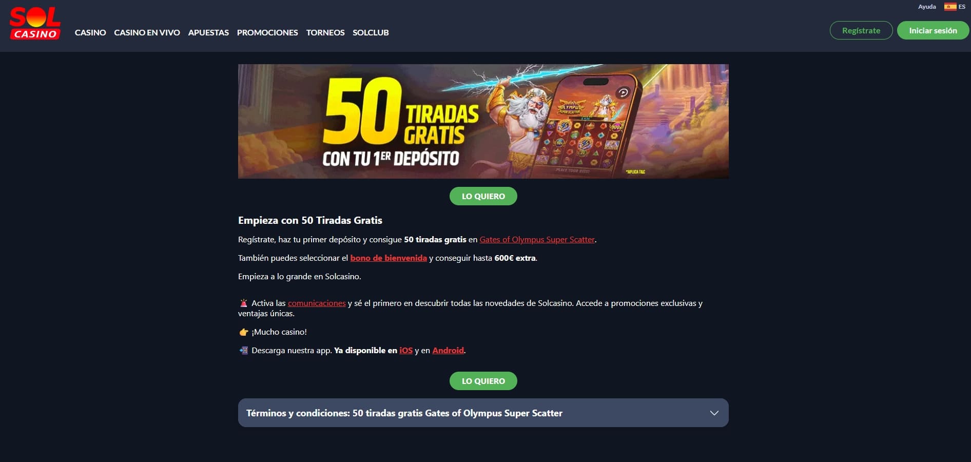solcasino bono bienvenida webapcasino 50 tiradas gratis gates of olympus