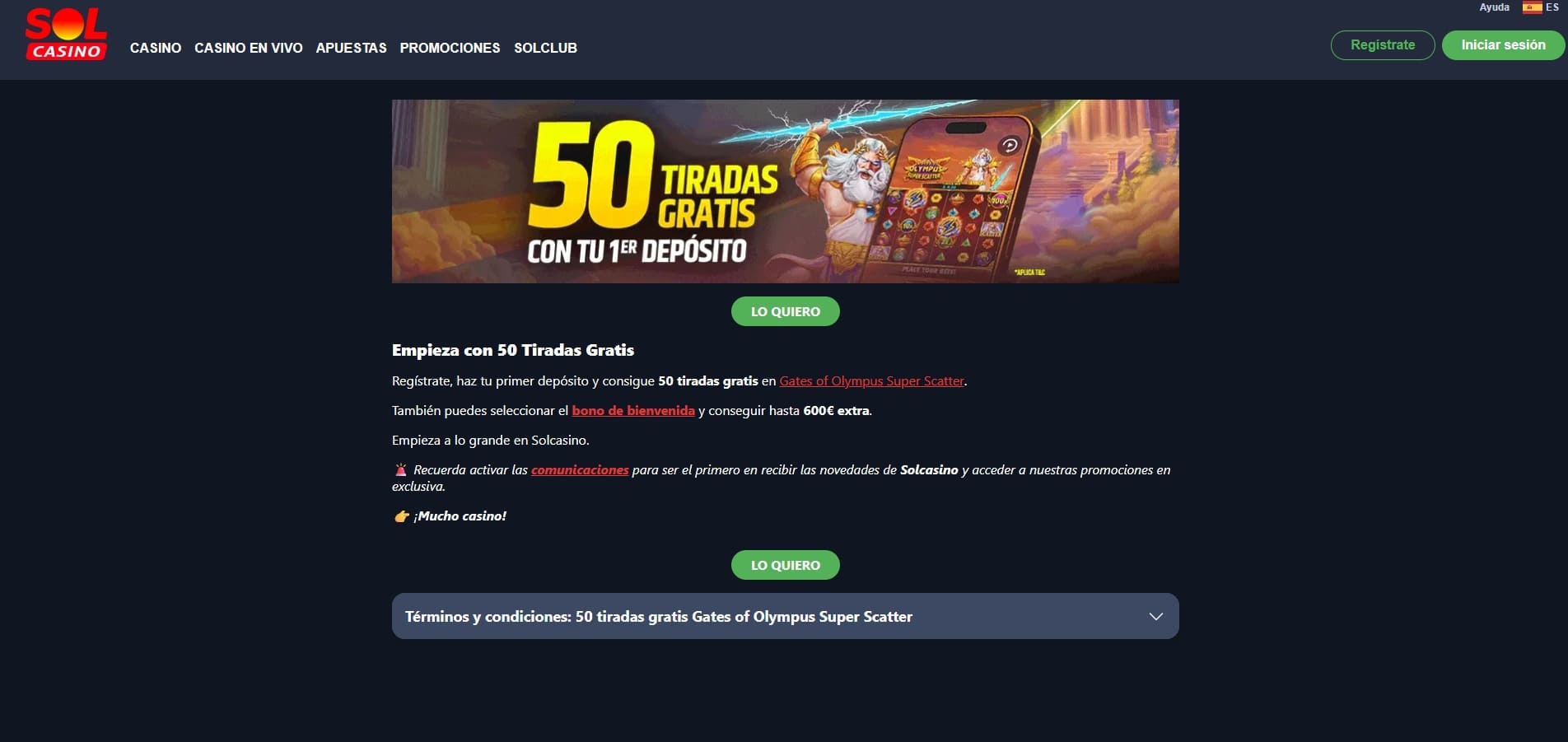 50 tiradas gratis en gates of olympus en solcasino