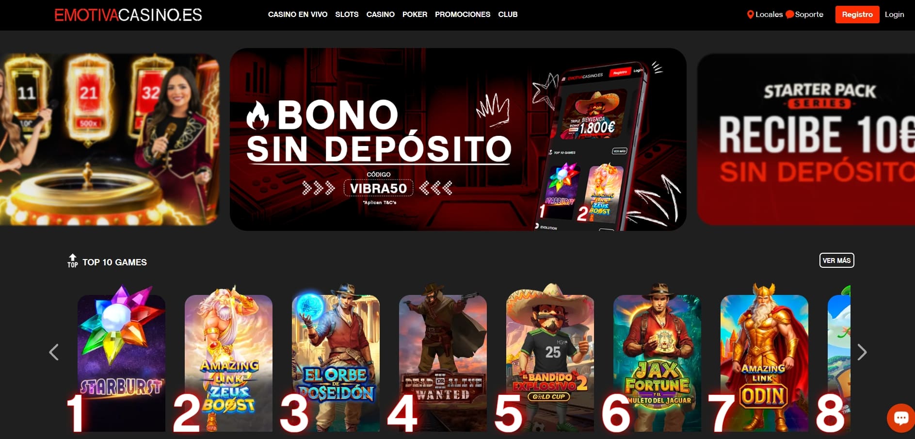 Promoción Emotiva Casino VIBRA50 con 50 euros gratis y triple bono de bienvenida