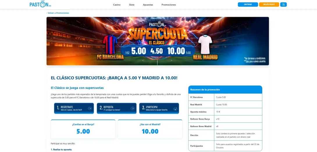 Pastón paga a 5 la cuota del Barça y a 10 la del Madrid en el Clásico
